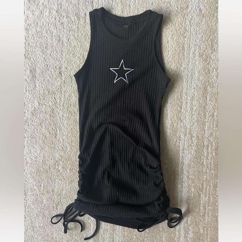 Black Ribbed Tank Top with Star Embroidery